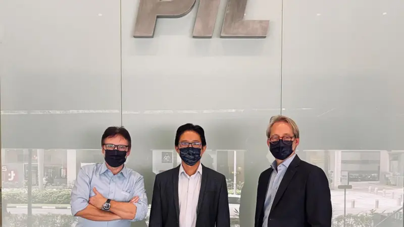 Roger Specker, WinGD Managing Director, South East Asia; Mr. Goh Chung Hun, Pacific International Lines, General Manager, Fleet and Volkmar Galke, WinGD Director Sales