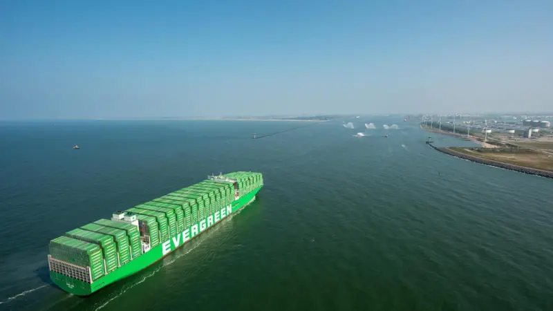 The world’s largest container vessel, Ever Ace, calling at the port of Rotterdam.