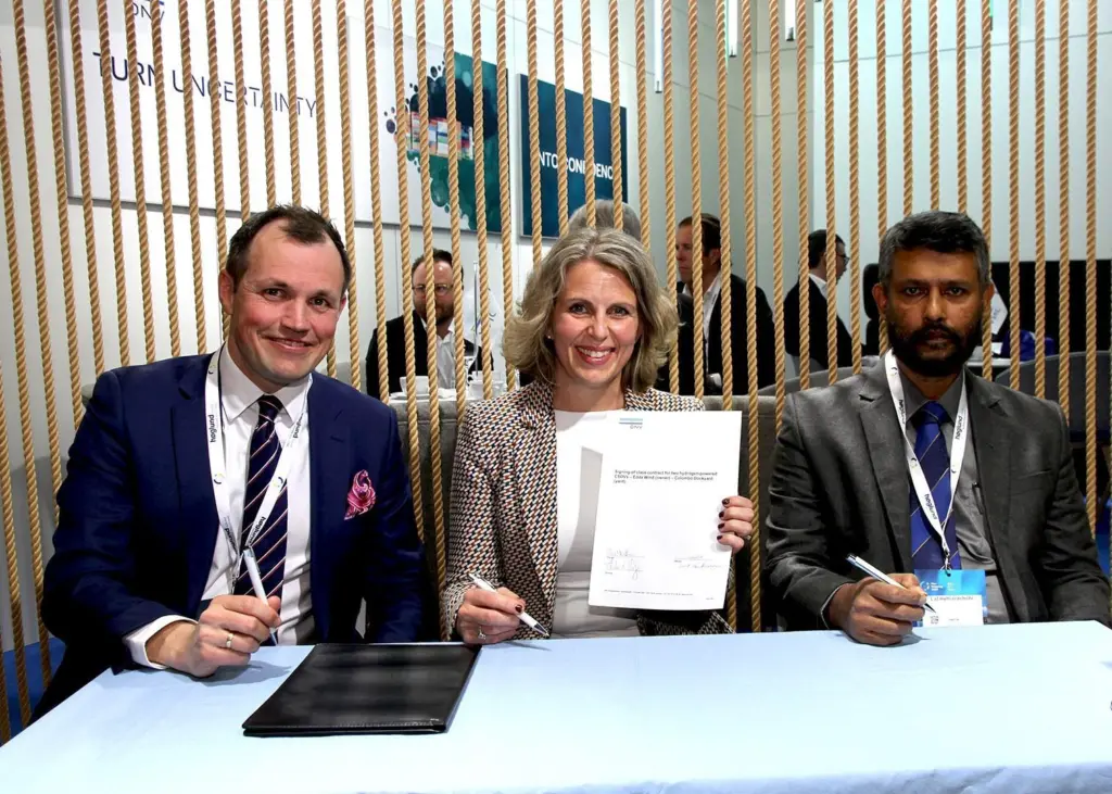 Håkon Vevang, Chief Commercial Officer of Edda Wind, Tuva Flagstad-Andersen, Regional Manager, Region North Europe at DNV, and Lal Hettiarachchi, General Manager (Projects engineering) at Colombo Dockyard.