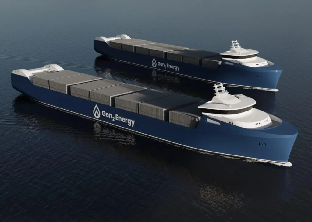 The two proposed 190-metre hydrogen-fuelled container carriers will have a load capacity of 500 40-foot containers carrying compressed hydrogen.