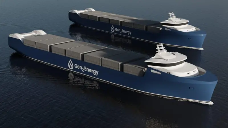 The two proposed 190-metre hydrogen-fuelled container carriers will have a load capacity of 500 40-foot containers carrying compressed hydrogen.
