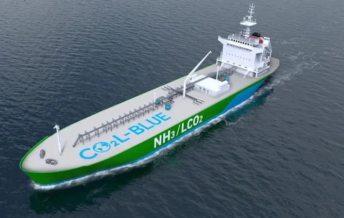 The ammonia carrier concept has been designed with the ability to carry liquefied CO2 on ballast legs.