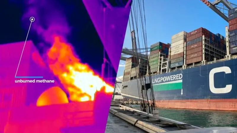 T&E has released images that purport to show heat and gas emissions from the exhaust stacks of the CMA CGM Louvre (pictured) and the Eco-Delta.