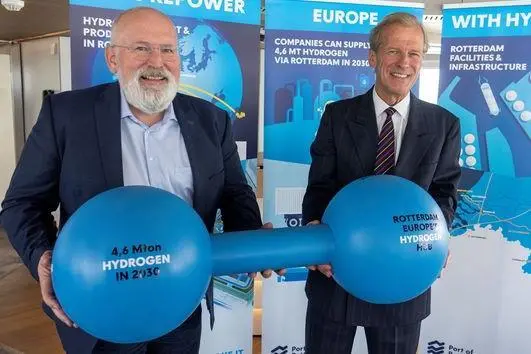European Union commissioner Frans Timmermans and Allard Castelein CEO of Port of Rotterdam Authority