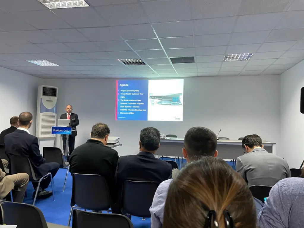 Dr. Chris Leontopoulos, Director of Global Ship Systems Center, ABS Athens gave a presentation on the sterntubeless container feeder design at Posidonia 2022.