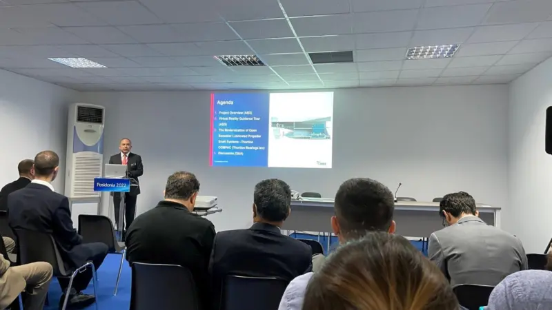 Dr. Chris Leontopoulos, Director of Global Ship Systems Center, ABS Athens gave a presentation on the sterntubeless container feeder design at Posidonia 2022.