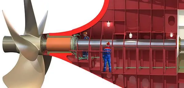 A sterntube-less ship features a shorter shaft with the prime mover further aft the vessel.