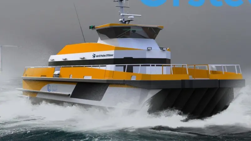 A hydrogen powered catamaran design employing surface effect ship (SES) technology (pictured in a CTV) is one of three design concepts competing for development funding in Norway.