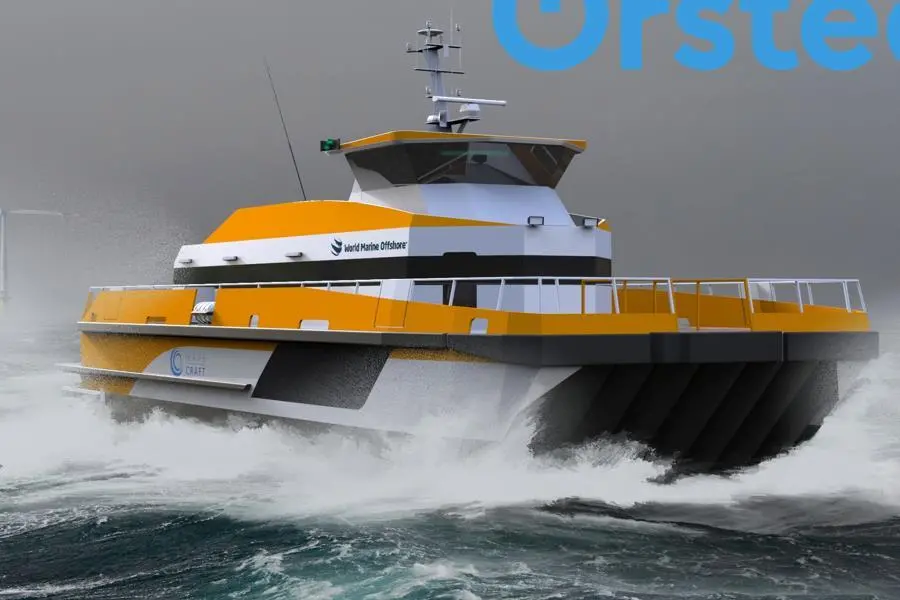 A hydrogen powered catamaran design employing surface effect ship (SES) technology (pictured in a CTV) is one of three design concepts competing for development funding in Norway.