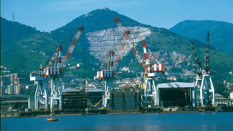 Production on the Genoese waterfront: Fincantieri’s Sestri shipyard.