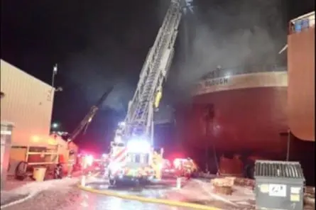 The stern of the Roger Blough during firefighting efforts.