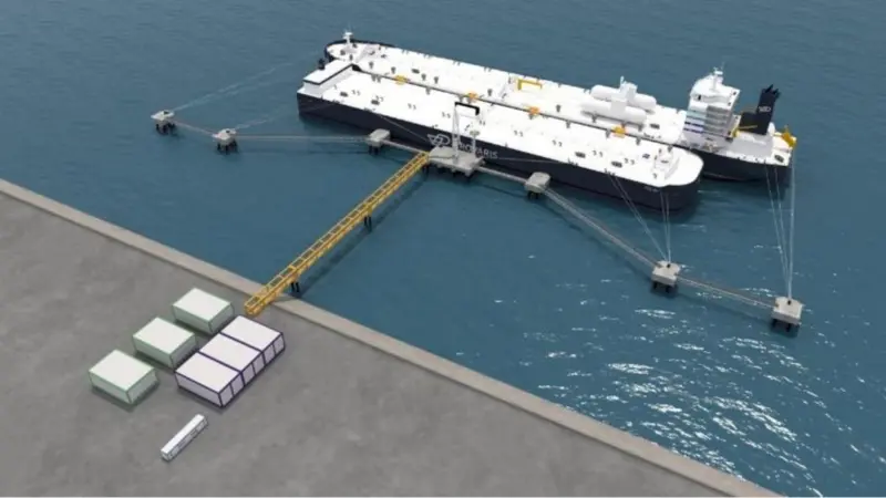 Rendering of Provaris’ GH2 Carrier ‘H2Neo’ and a concept design of a Compressed H2 Floating Storage facility.