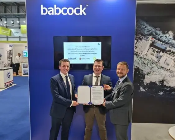 Babcock LGE Business Development Manager Graeme McKinley, Latsco LNG Marine Management (LLMM) Fleet Manager Elias Karystios and Kongsberg Maritime Sales Director – Digital Solutions Eirik Ågren at Mi