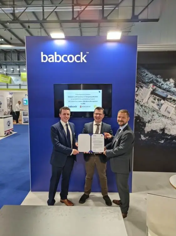 Babcock LGE Business Development Manager Graeme McKinley, Latsco LNG Marine Management (LLMM) Fleet Manager Elias Karystios and Kongsberg Maritime Sales Director – Digital Solutions Eirik Ågren at Mi