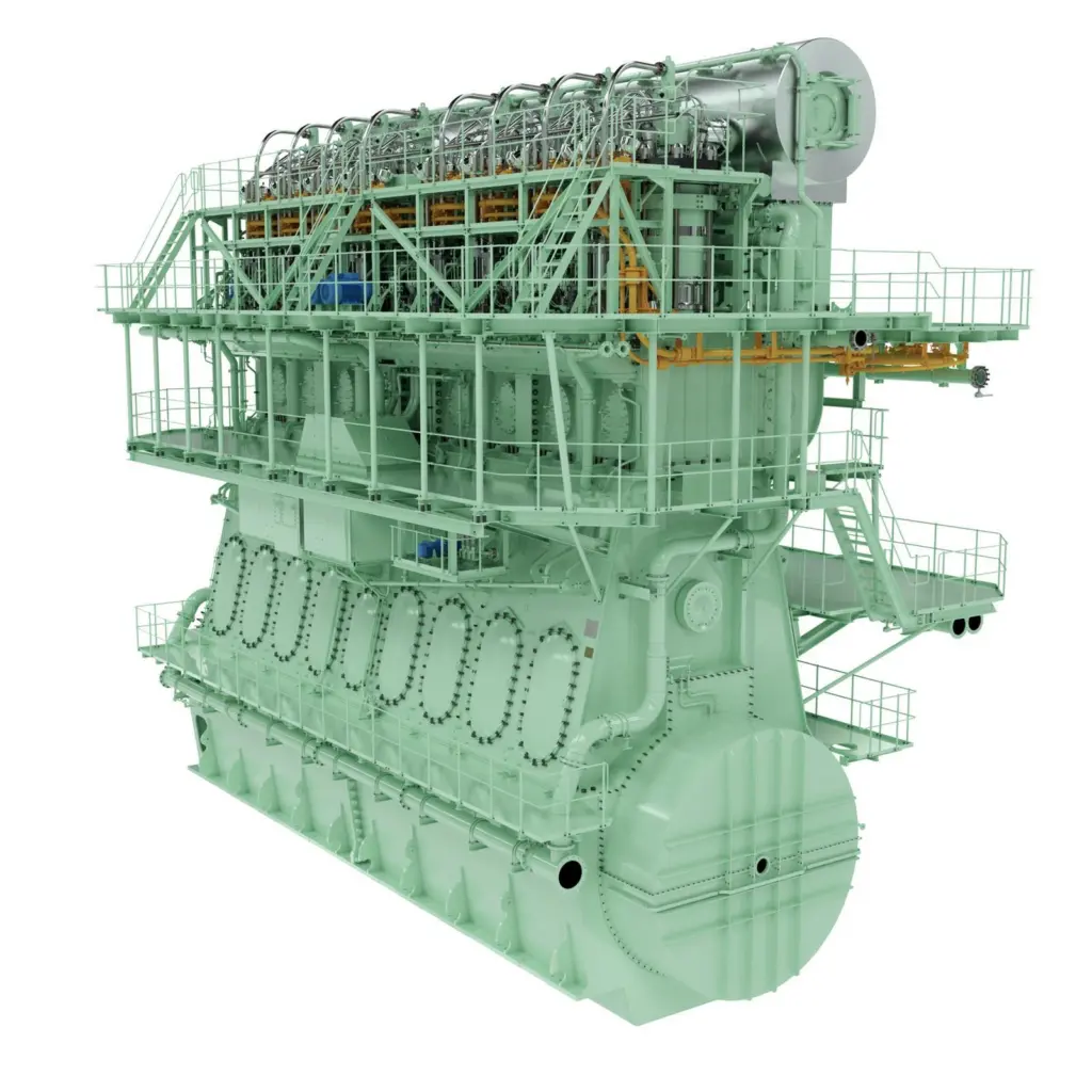 A rendering of an 8-cylinder MAN B&W G95MEC-10.5-LGIM.