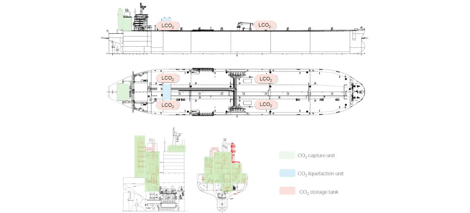 Vessel arrangement and major modification areas for the installation of carbon capture storage tanks on board a VLCC.