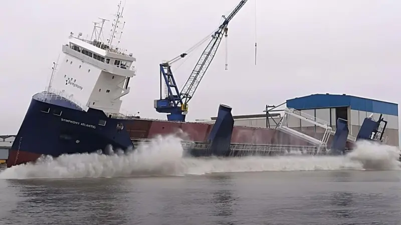 A new stage in shipbuilding production at the riverside town of Leer: side launching of Symphony Atlantic.