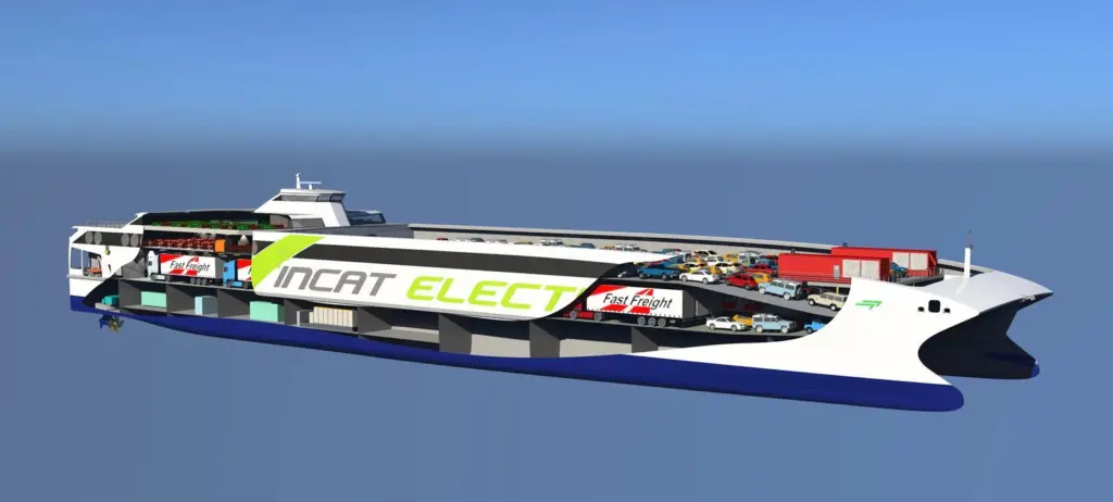 Australian technological challenge to the conventional ro-pax: the Incat hybrid-electric wave-piercer.