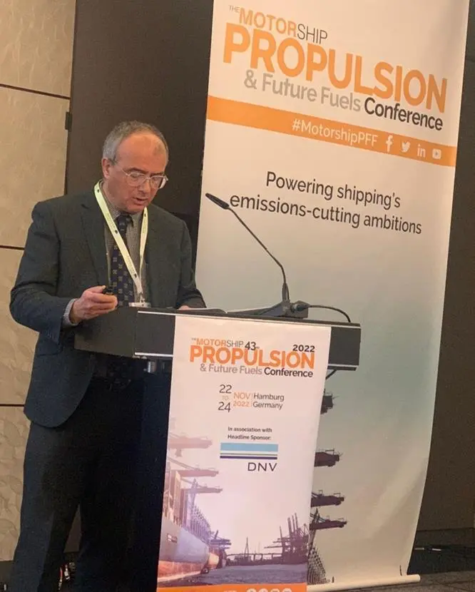 ICS Technical Director Chris Waddington, pictured speaking at the Propulsion & Future Fuels conference in Hamburg in November.