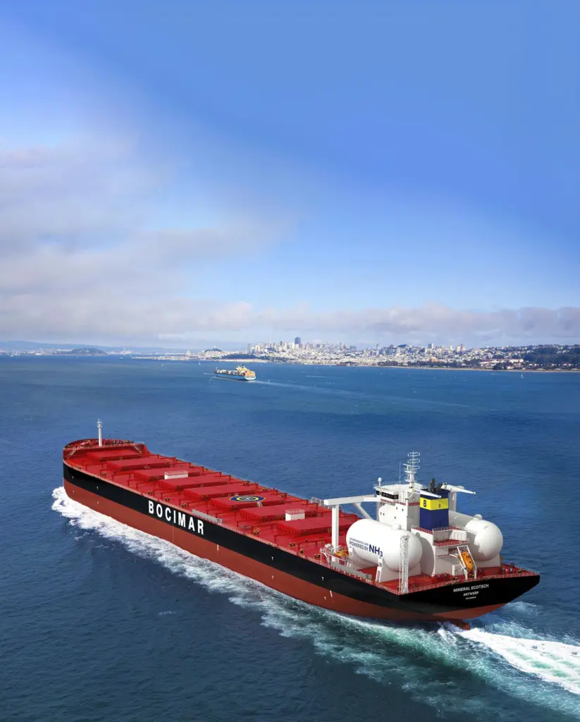 A rendering of a CMB bulk carrier operating on ammonia as a fuel.