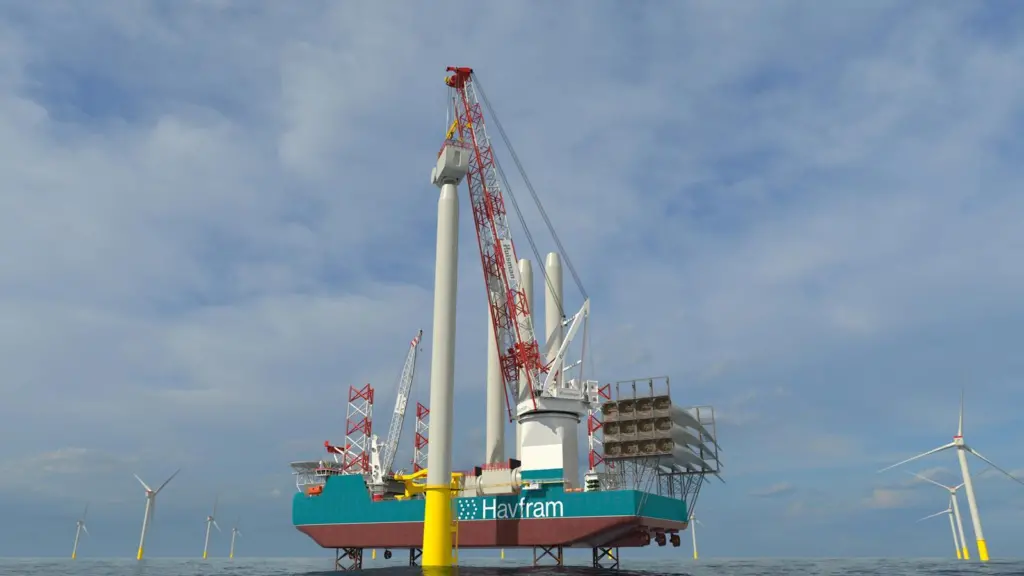 Havfram Wind WTIV equipped with a 3000mt Huisman leg encircling crane