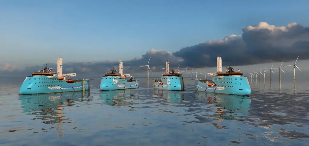 Artist's impression of four Acta Marine CSOV with offshore wind turbines in the background