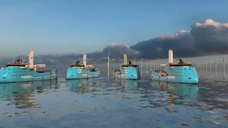 Artist's impression of four Acta Marine CSOV with offshore wind turbines in the background