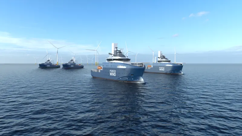 Purus Wind CSOVs in front of wind turbines