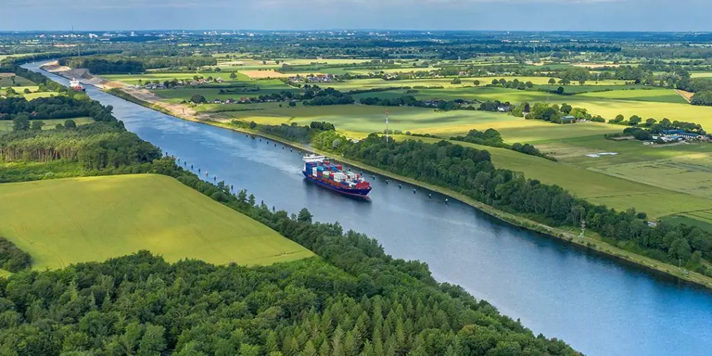 Container ship on inland waterway