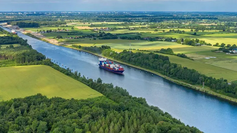 Container ship on inland waterway