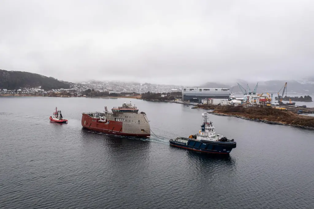 The hull of yard no. 318 arriving at Ulstein Verft's yard in Norway for outfitting