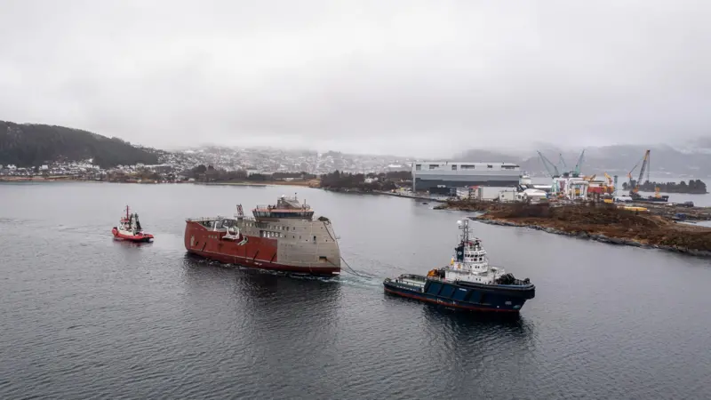 The hull of yard no. 318 arriving at Ulstein Verft's yard in Norway for outfitting