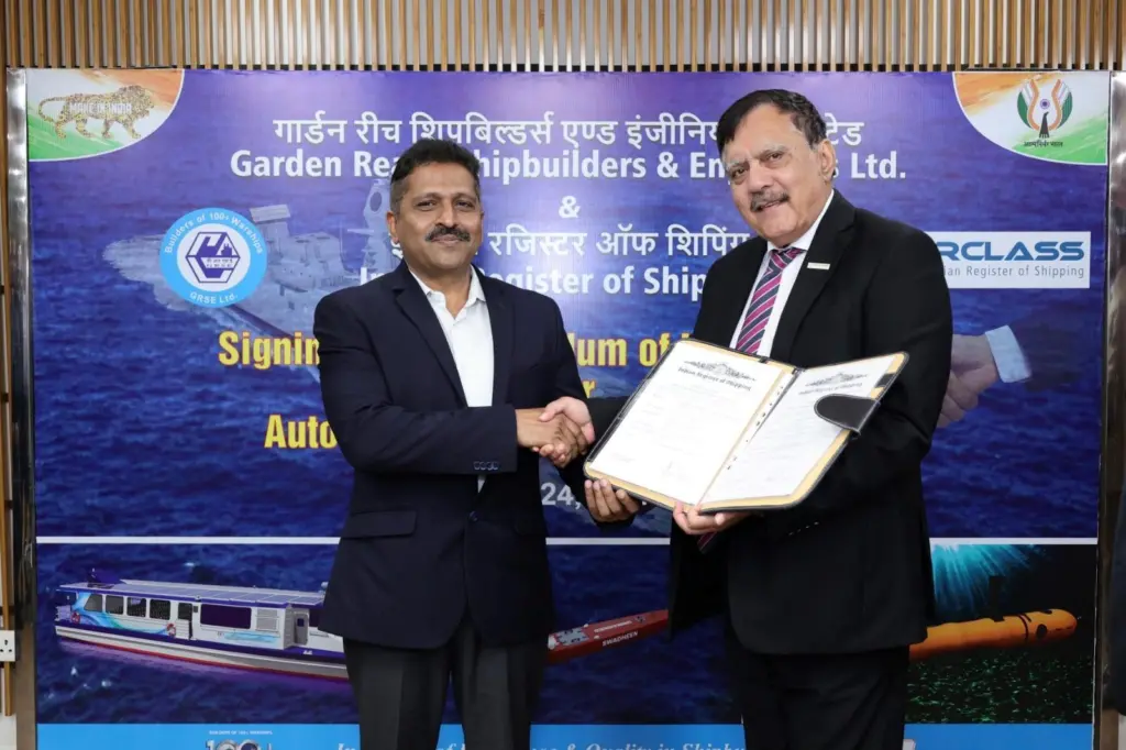 Arun Sharma, executive chair of IRS and Cmde P P Hari, chair and MD of GRSE