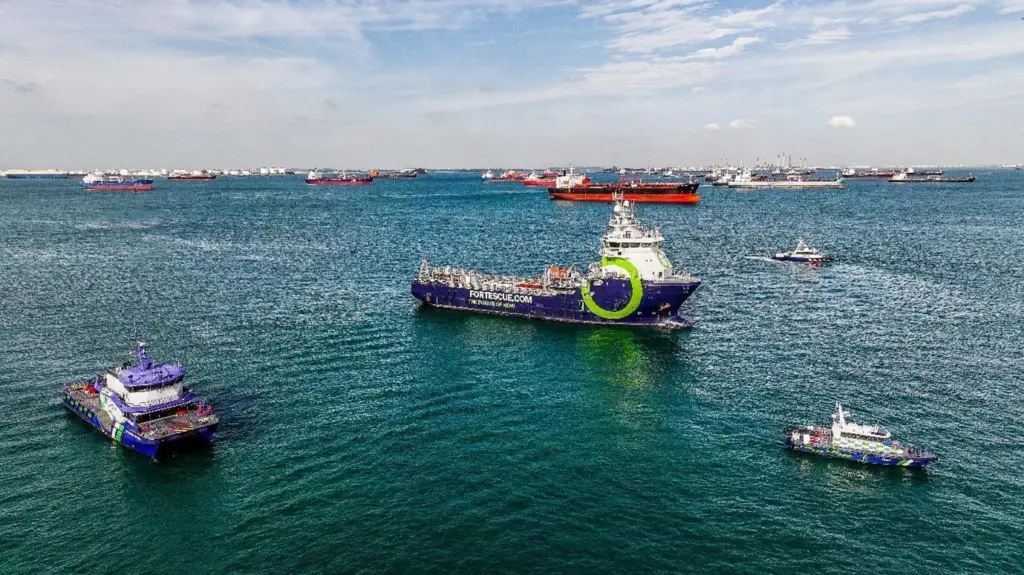 Singapore-flagged ammonia-powered vessel, the Fortescue Green Pioneer in the Port of Singapore.