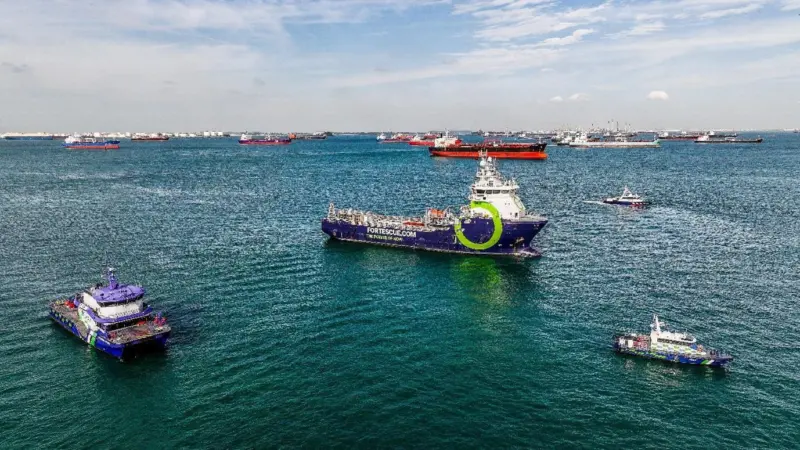 Singapore-flagged ammonia-powered vessel, the Fortescue Green Pioneer in the Port of Singapore.