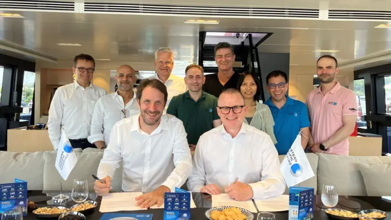 Representatives from MAN ES and EPS signing the MoU on ammonia training at Posidonia 2024