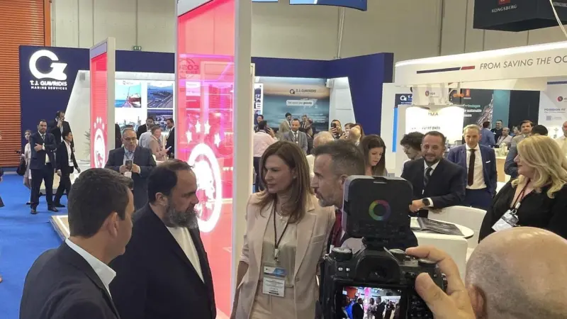 Evangelos Marinakis, founder and chair of Capital Maritime and Trading Corp. meets Eleni Polychronopoulou, business development director and Konstantinos Stampedakis, co-founder and MD at Erma First