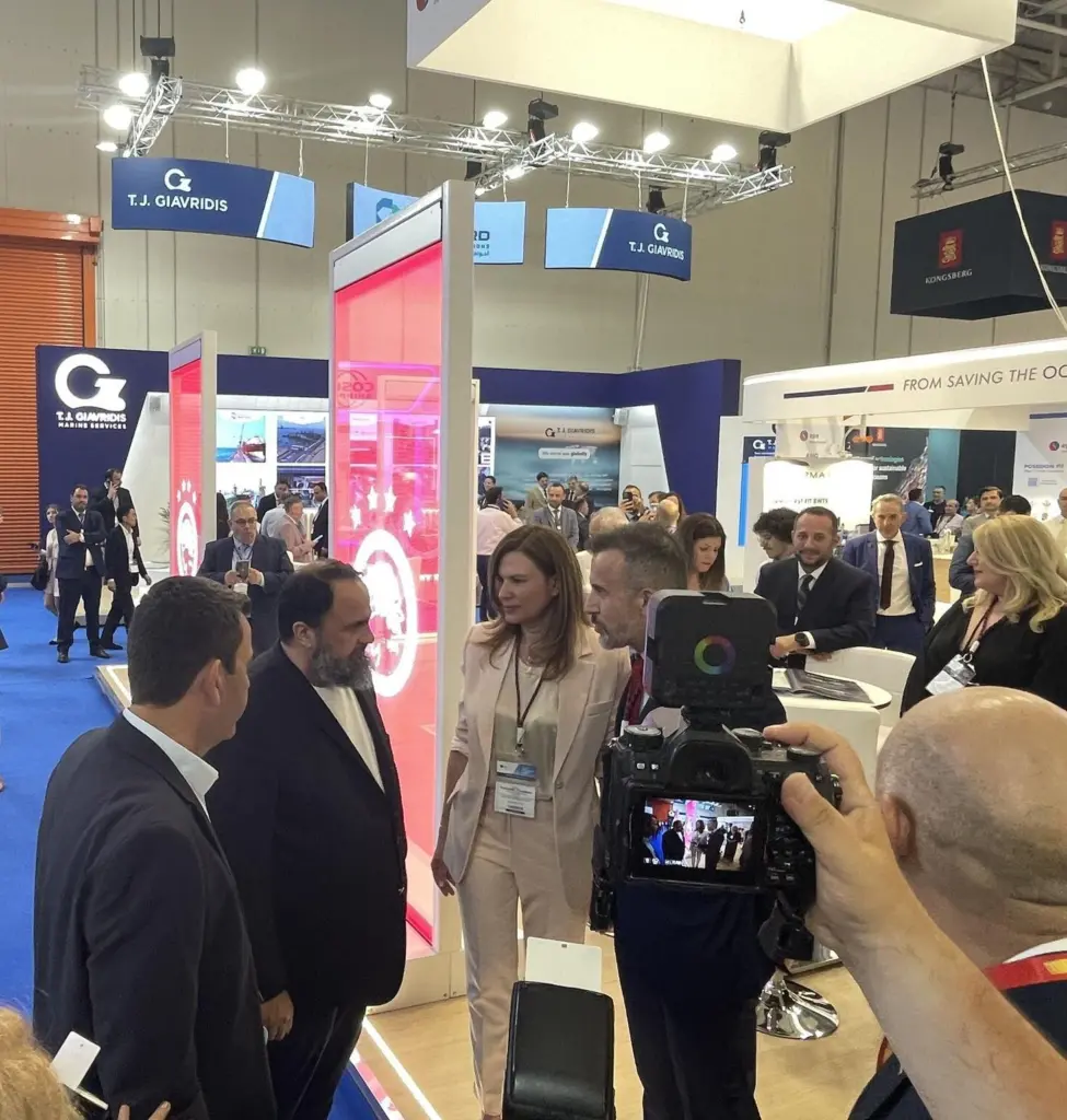 Evangelos Marinakis, founder and chair of Capital Maritime and Trading Corp. meets Eleni Polychronopoulou, business development director and Konstantinos Stampedakis, co-founder and MD at Erma First