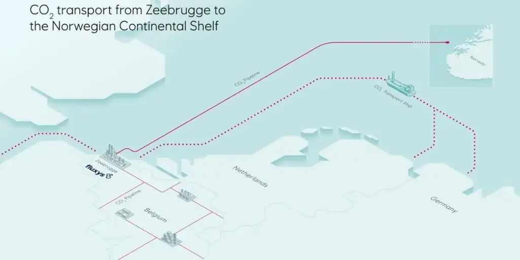 A map showing the Fluxys/Equinor carbon capture project