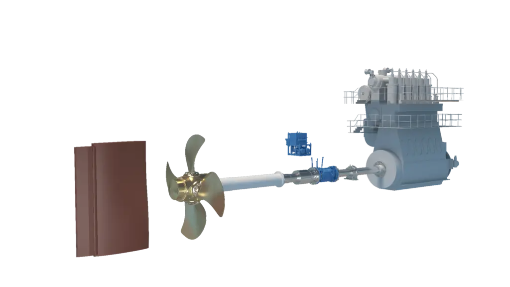 Typical propulsion arrangements for a shuttle tanker with a large 2-stroke engine coupled to a shaft line consisting of an oil distribution box, propeller shaft, and controllable pitch propeller