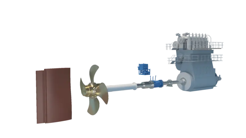 Typical propulsion arrangements for a shuttle tanker with a large 2-stroke engine coupled to a shaft line consisting of an oil distribution box, propeller shaft, and controllable pitch propeller