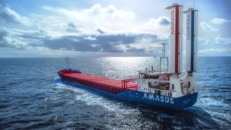 Amasus wind-assisted cargo ship with two bound4blue eSails