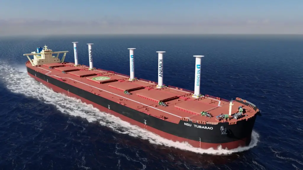 Graphic of 'NSU Tubarao' VLOC with five rotor sails on board