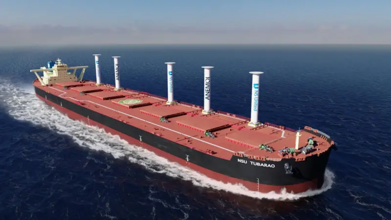 Graphic of 'NSU Tubarao' VLOC with five rotor sails on board