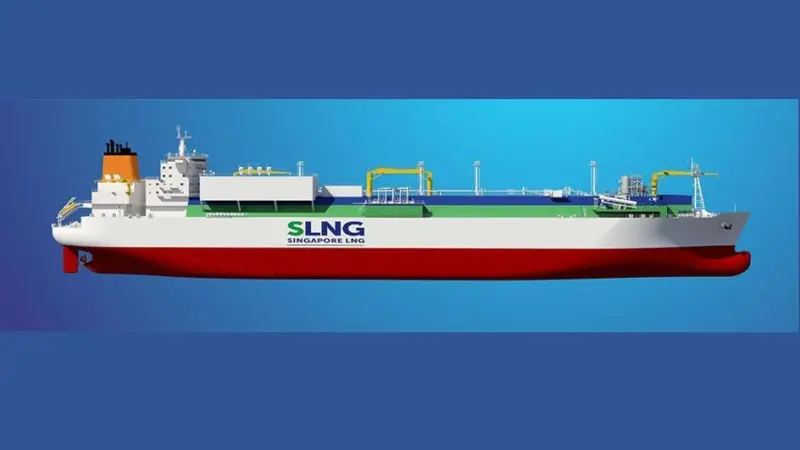 image of a floating storage regasification unit branded Singapore LNG