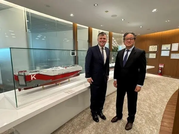 (l-r) Yukikazu Myochin, president & CEO of K Line and Ben Palmer, president of Immarsat Maritime
