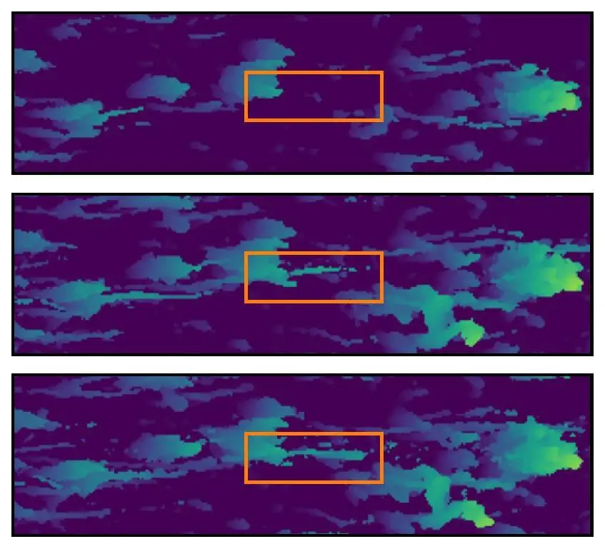 Three images of biofilm growing on a ship's hull