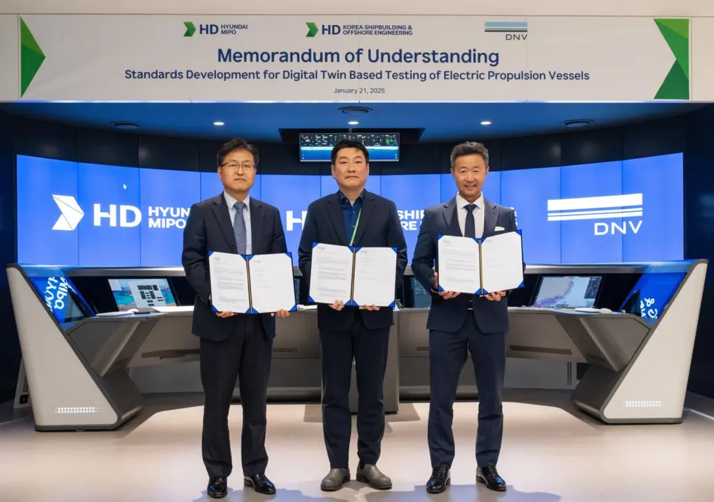 Three representatives from DNV, HMD and HD KSOE celebrate a signing of an MoU to develop a digital twin to aid with testing electric propulsion