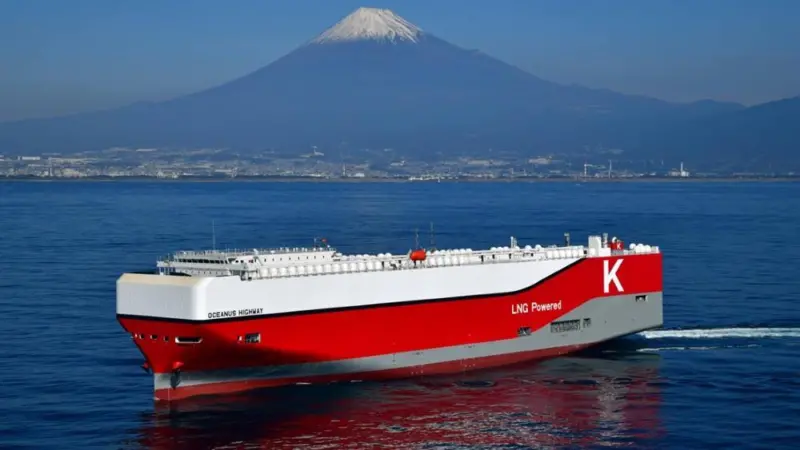 K Line's Oceanus Highway LNG car carrier at sea with Mount Fuji in the background