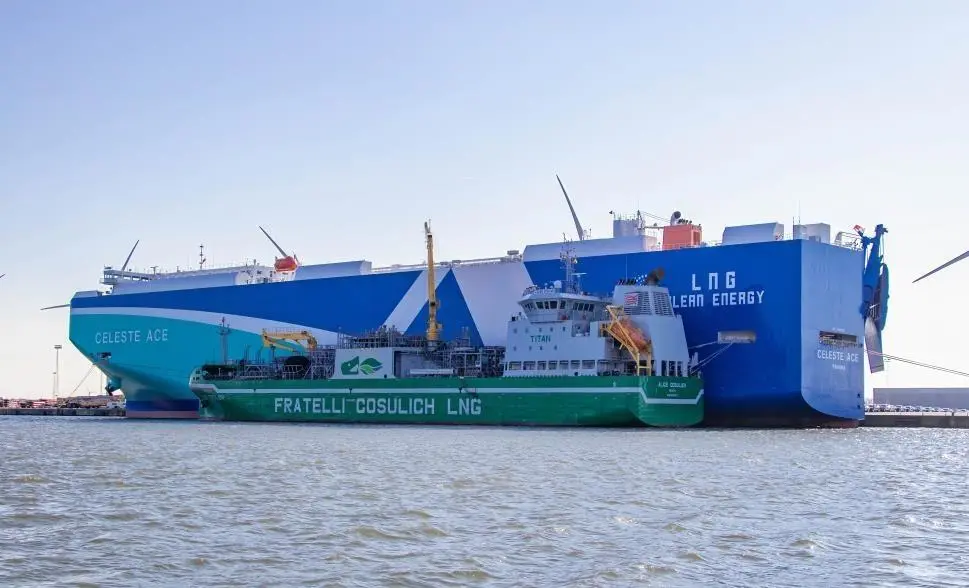 Celeste Ace taking on board bio-LNG from the Fratelli Cosulich LNG barge